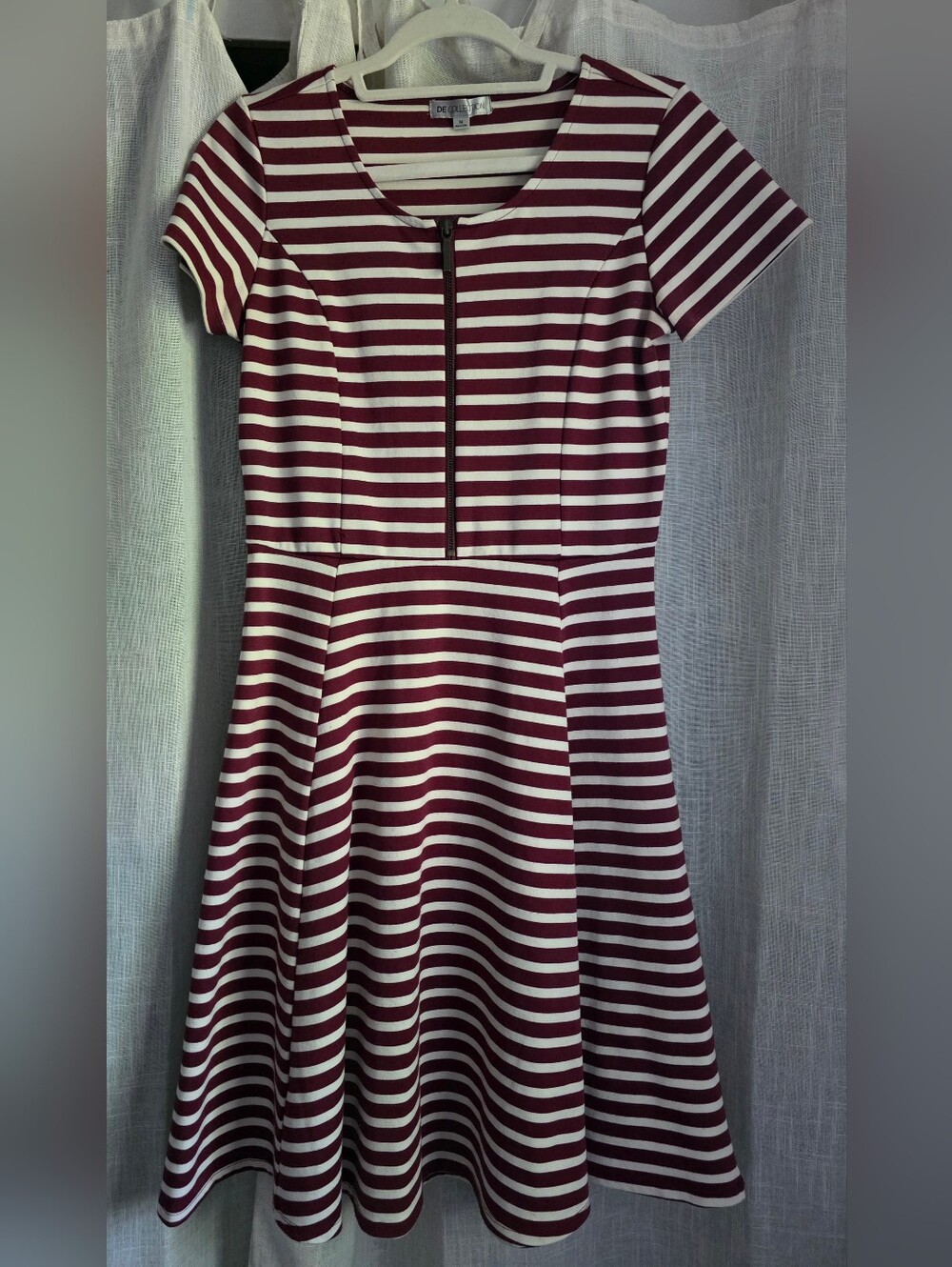 Downeast Collection Striped Zip-Front Fit & Flare Dress in Burgundy and White